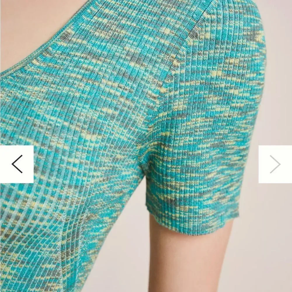 Anthropologie Women's M Green Scoop Neck Short Sleeve Sweater Ribbed Tee